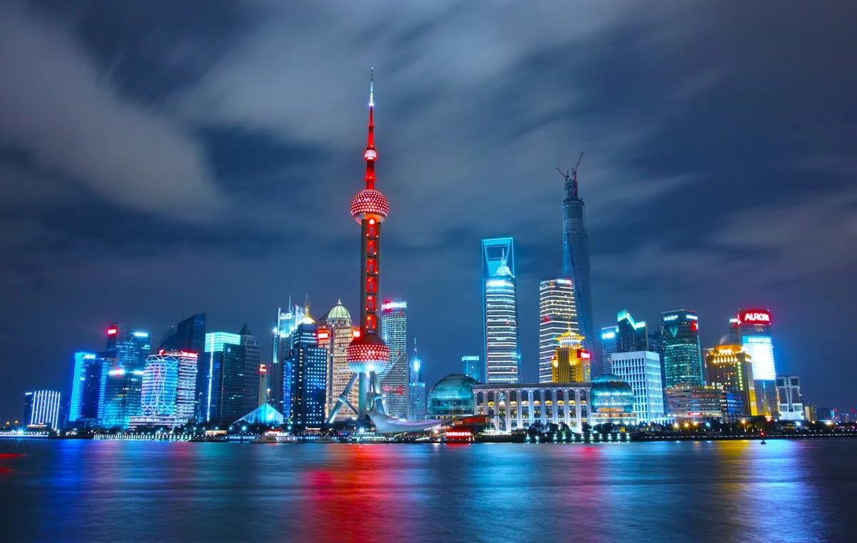 Shanghai skyline at dusk along the Bund